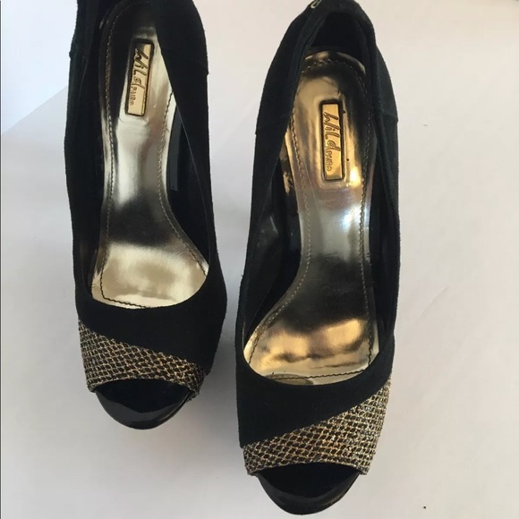 Wild Pair black suede gold mesh peep toe heels 7.5 - Picture 8 of 8